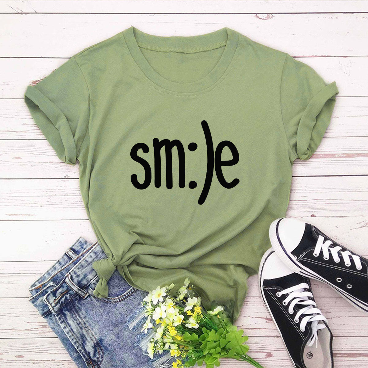 Smile Printed Short Sleeve Cotton Top in 12 Colors S-5XL