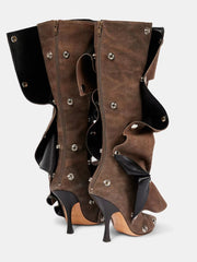 Studded Ruched Stacked Heel Long Boots