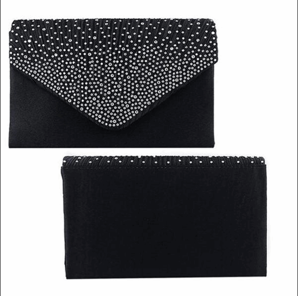 Elegant Satin Evening Bag with Rhinestones and Shoulder Chain in 2 Colors
