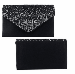 Elegant Satin Evening Bag with Rhinestones and Shoulder Chain in 2 Colors