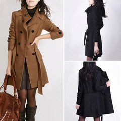 Woolen Long Sleeve Coat with Waist Tie in 2 Colors M-5XL