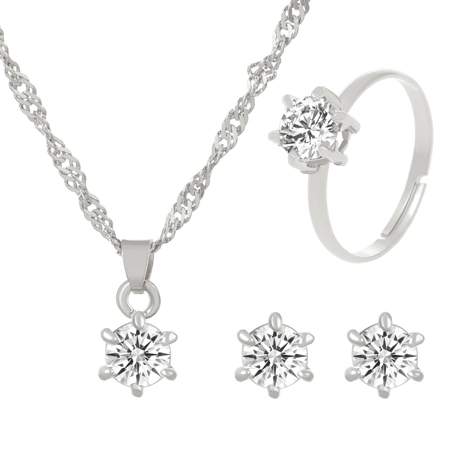 Ensemble trois pièces : collier, boucles d'oreilles et bague en oxyde de zirconium