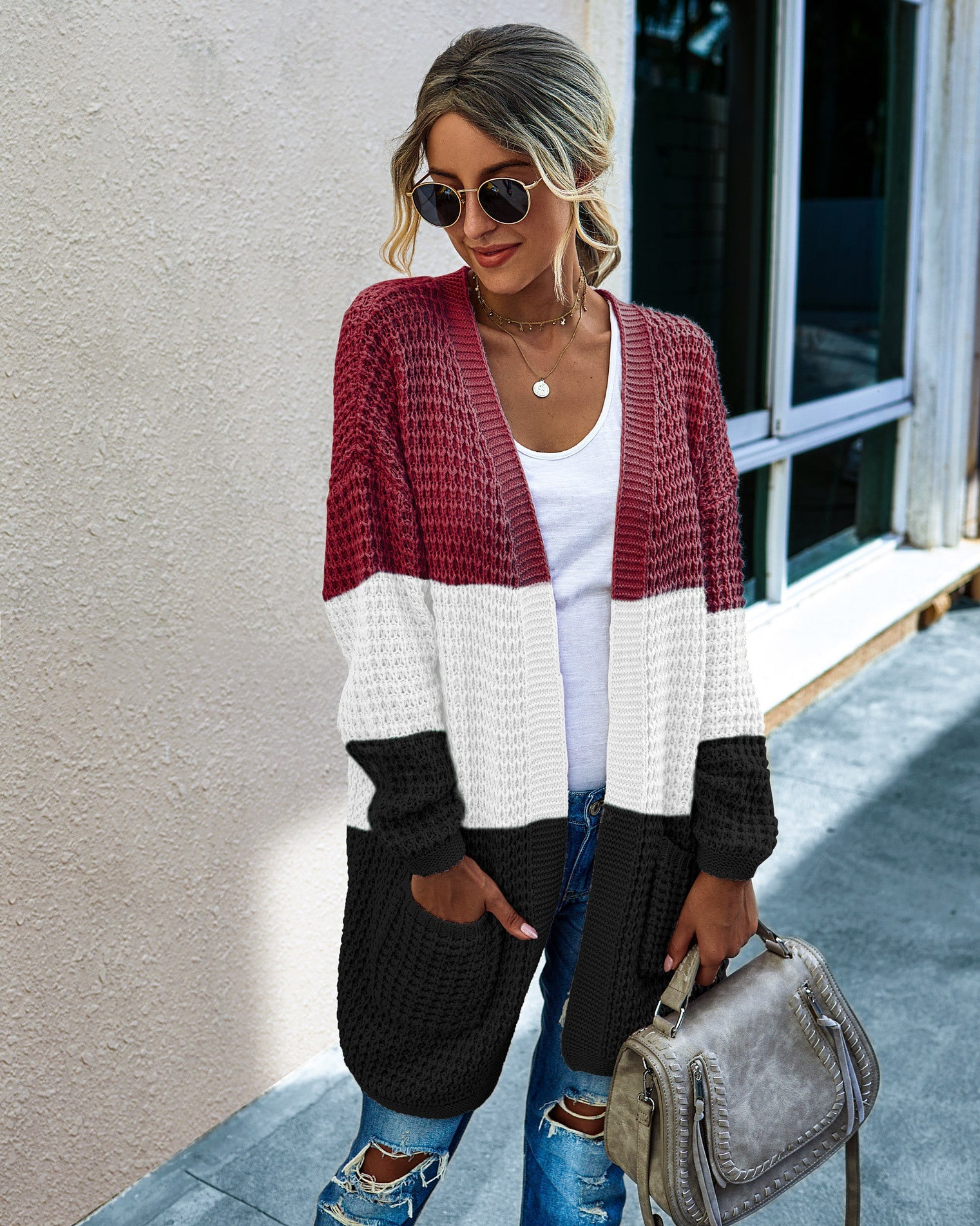 Knit Colorblock Cardigan with Pockets