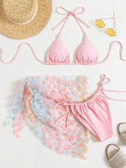 Three-Piece Halter Floral Mesh Skirt Swimsuit Set