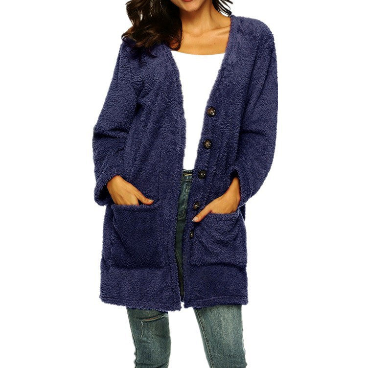 Mittellanger Plüsch-Cardigan mit Taschen in 8 Farben S-5XL