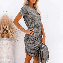 Knee-Length Short Sleeve Leopard Dress with Elastic Waist