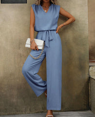 Solid Color Sleeveless V-Neck Top with Wide-Leg Pants Set