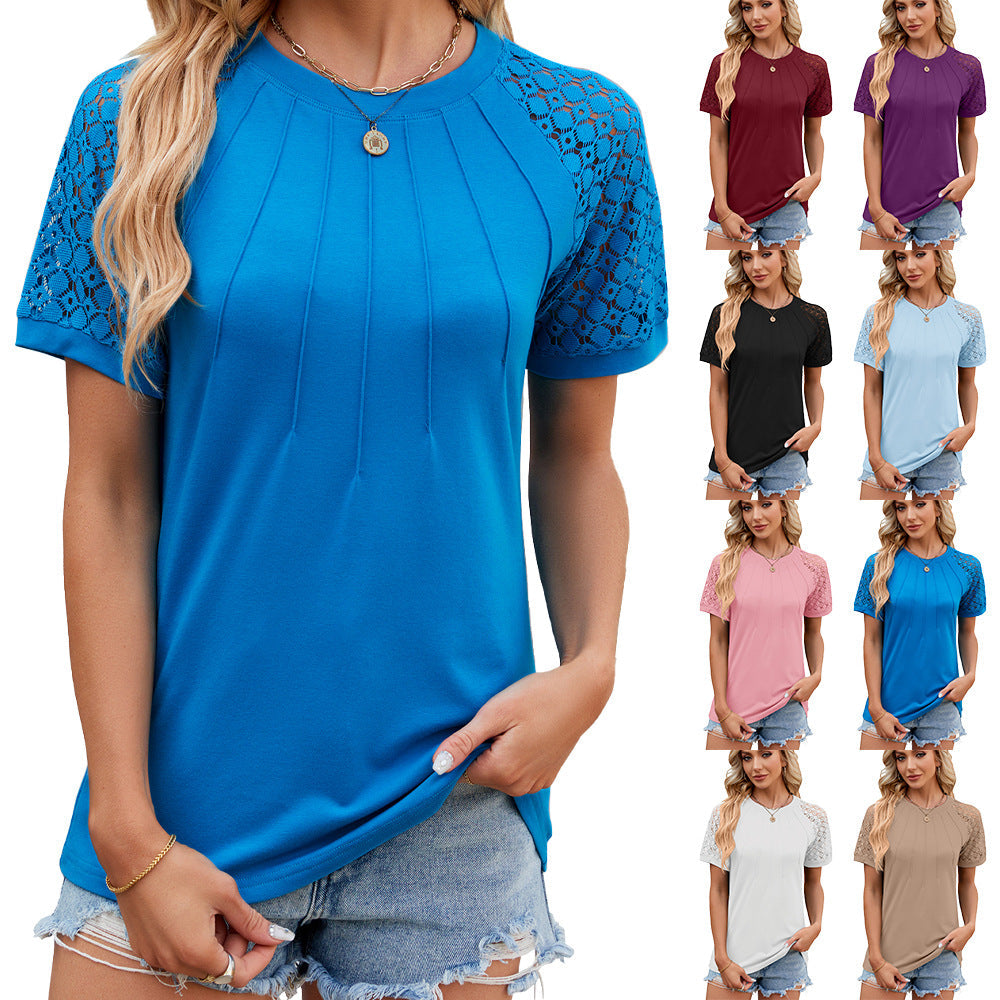 Round Neck Short Lace Sleeve Pleated Top in 8 Colors S-XXL