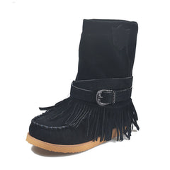 Suede Mid-Calf Moccasin Boots with Tassels