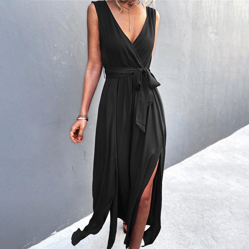 V-Neck Sleeveless Dress with Waist Tie and Leg Slit in 5 Colors S-XL