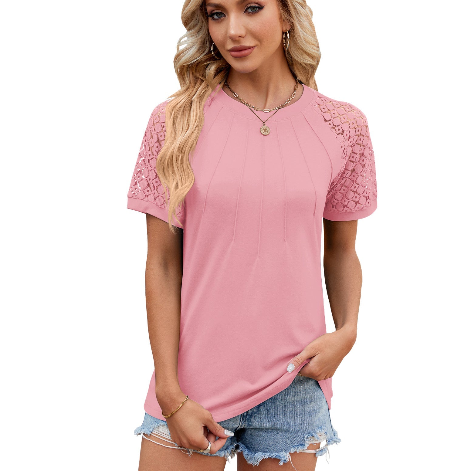 Round Neck Short Lace Sleeve Pleated Top in 8 Colors S-XXL