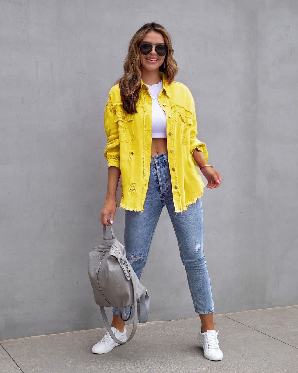 Ripped Button Shirt Jacket with Raw Hem