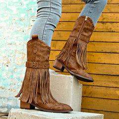 Mid-Calf Cowboy Boots with Tassels in 2 Colors