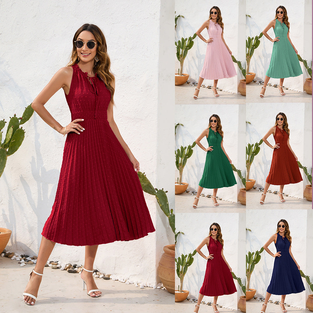 Sleeveless V-Neck Pleated Midi Dress in 7 Colors S-XXL