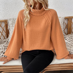 Orange Twist Weave Bubble Sleeve Turtleneck Sweater
