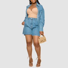 Casual Denim Jacket Shorts Set