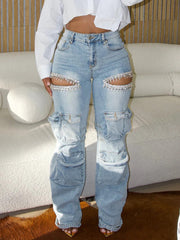 Hollow Rhinestone Multiple Pockets Denim Jeans