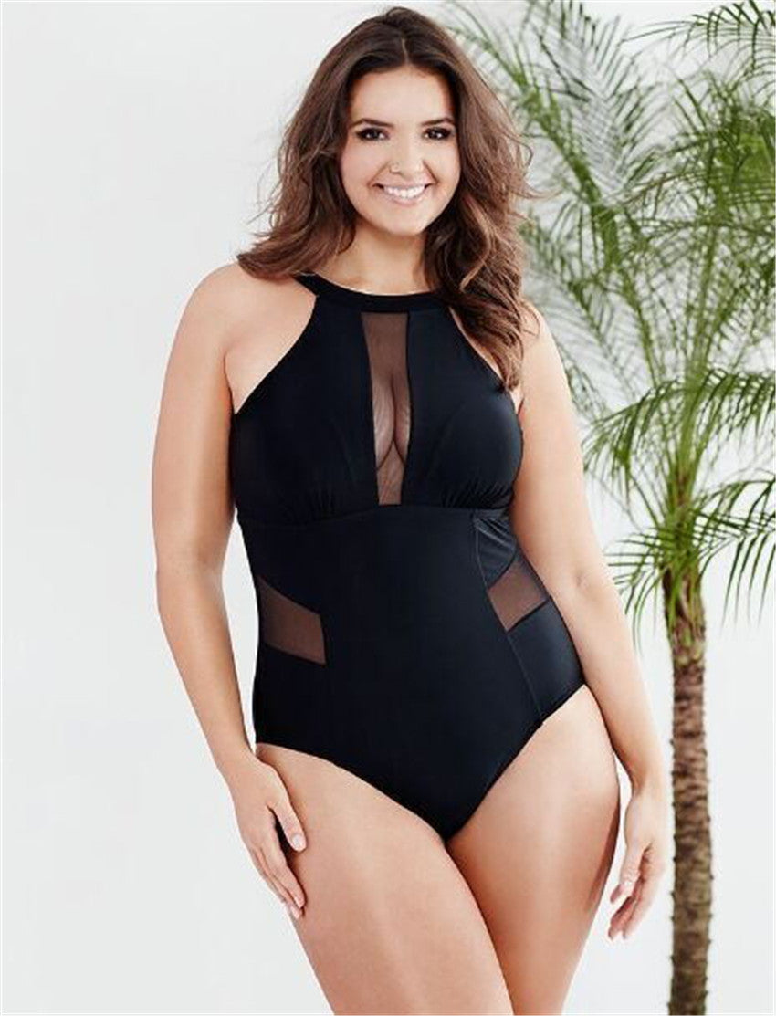 Maillot de bain une pièce noir grande taille avec maille XL-4XL