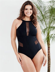 Maillot de bain une pièce noir grande taille avec maille XL-4XL