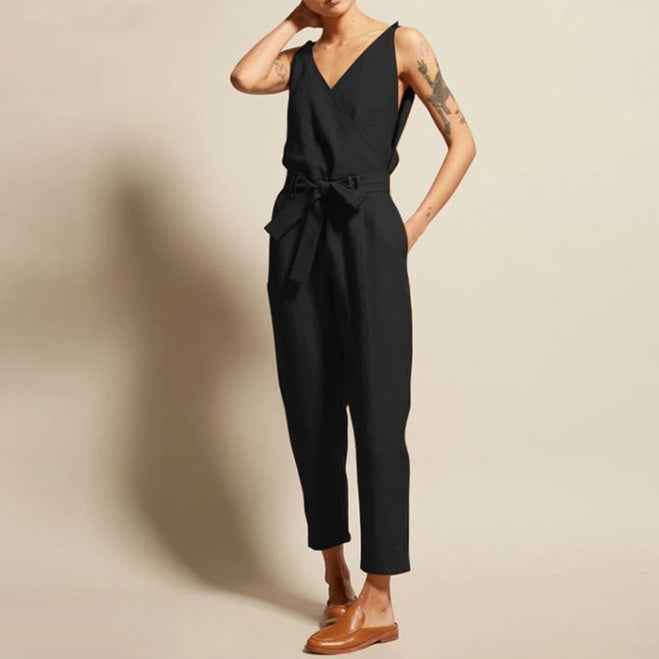 V-Neck Sleeveless Cropped Jumpsuit with Pockets