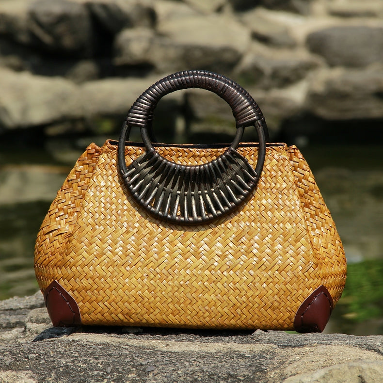 Rattan Straw Hand Bag with Round Wooden Handle in 2 Colors