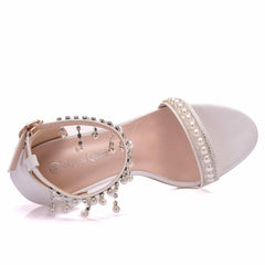 White High Heeled Stiletto Shoes with Beaded Ankle Strap