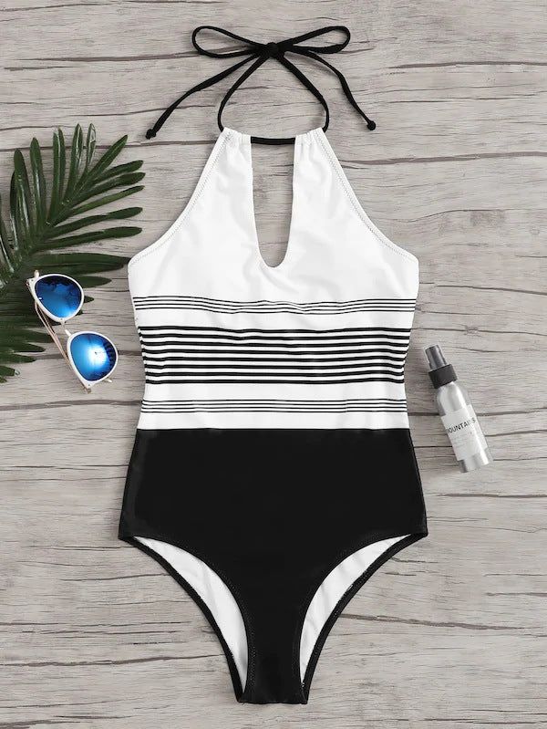 One Piece Black and White Striped Swimsuit S-L