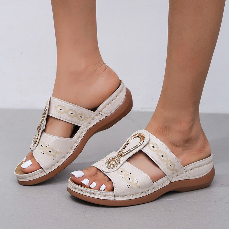 Wedge Heel Slip-On Sandals with Rhinestones in 3 Colors