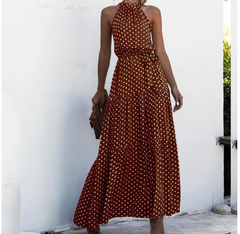 Sleeveless Halter Neck Maxi Dress with Waist Tie in 10 Colors S-XL