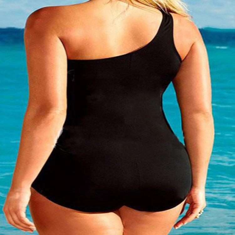 Plus Size Einteiliger One-Shoulder-Badeanzug in Schwarz mit Mesh XL-XXXL