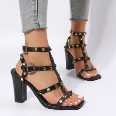 Square Toe Rivet High Heel Sandals in 2 Colors