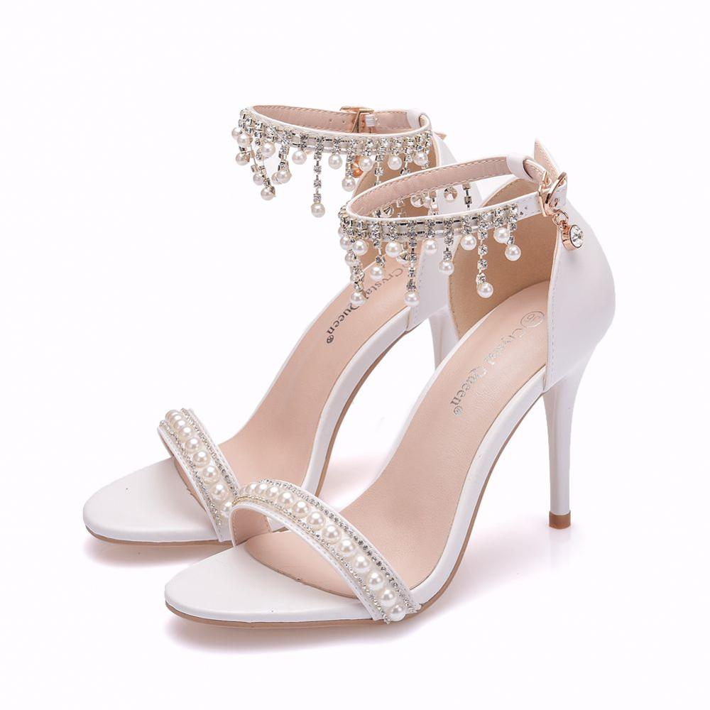 White High Heeled Stiletto Shoes with Beaded Ankle Strap