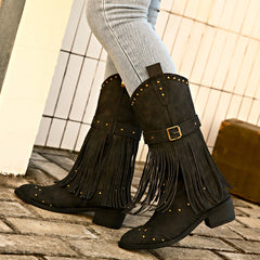 Mid-Calf Cowboy Boots with Tassels in 2 Colors