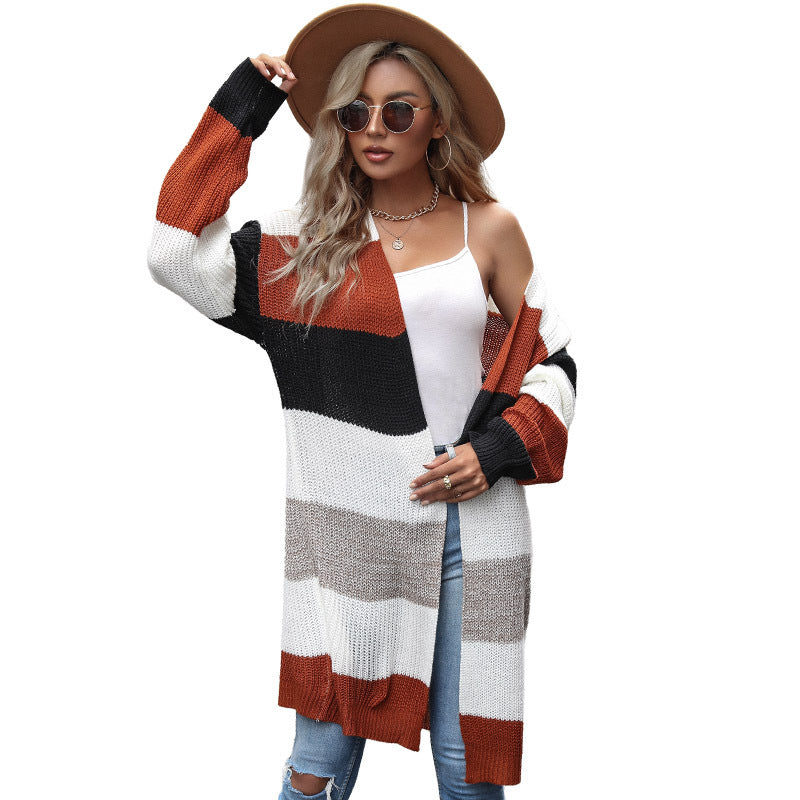 Gestreifte offene Langarm-Strickjacke in 4 Farben SL