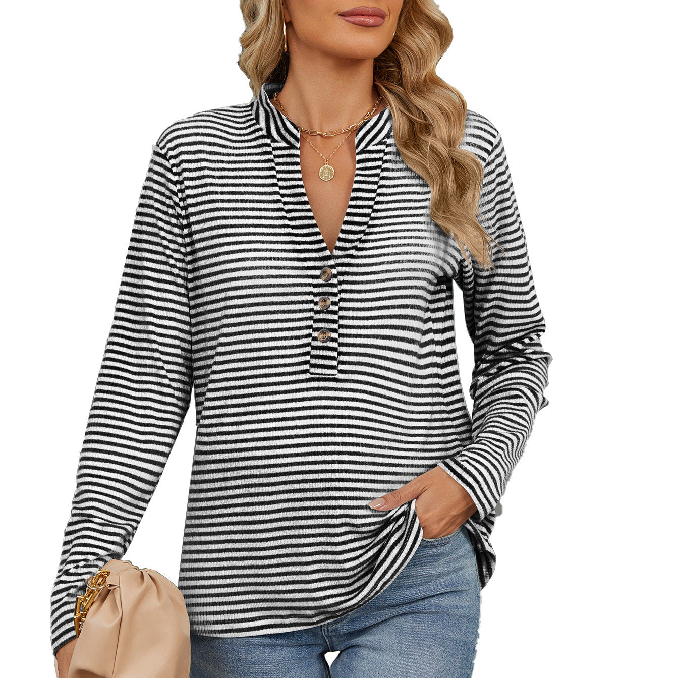 V-Neck Striped Long Sleeve Shirt