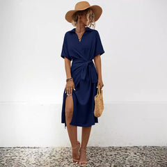 Short Sleeve Midi Dress with Lapel and Waist Tie