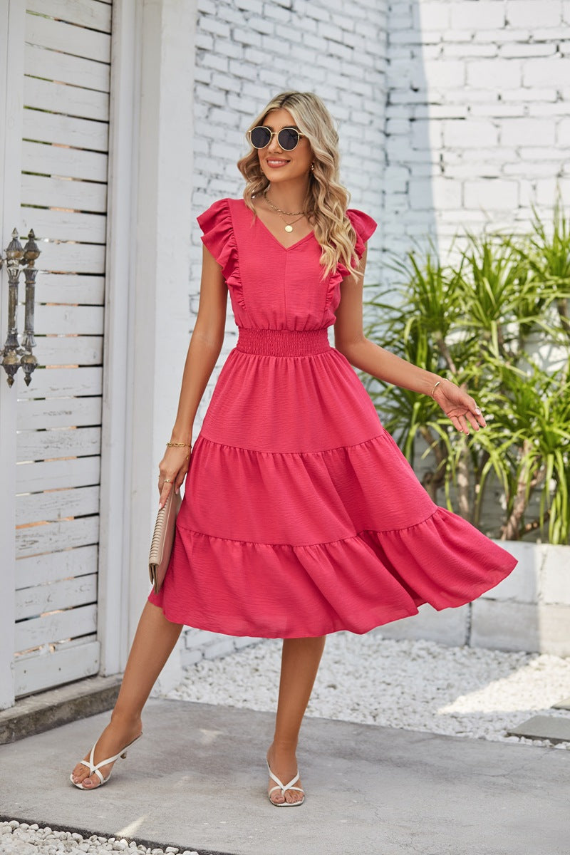 Ruffled Sleeveless V-Neck Midi Dress with Elastic Waist in 7 Colors S-XL