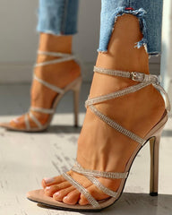 High Heel Riemchensandalen mit spitzer Zehenpartie und Strass in 3 Farben