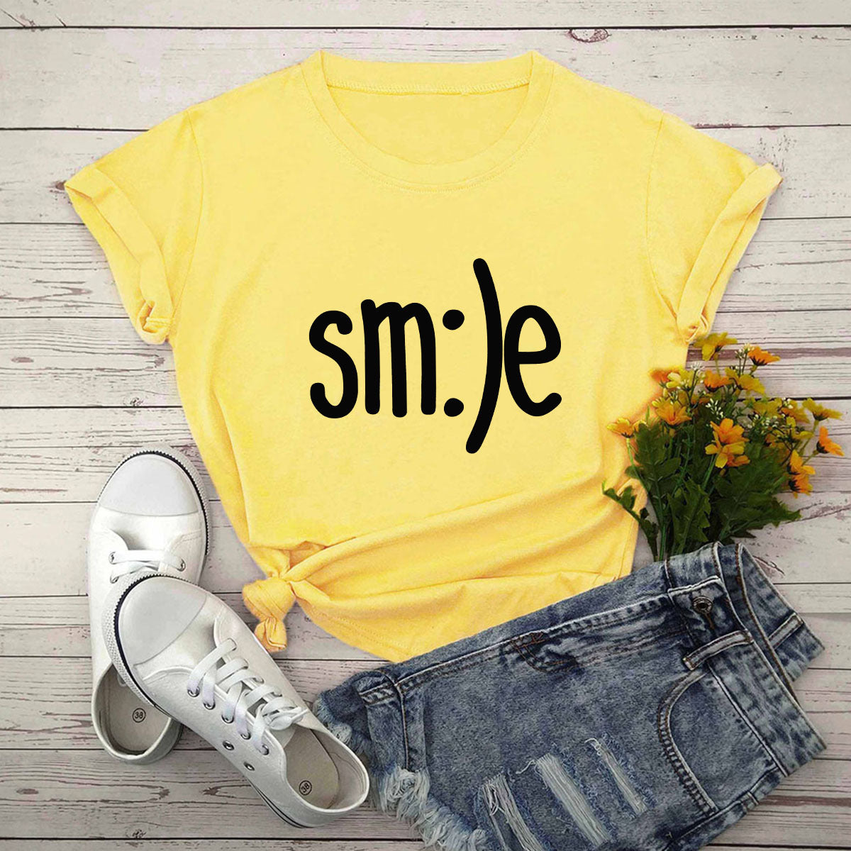Smile Printed Short Sleeve Cotton Top in 12 Colors S-5XL