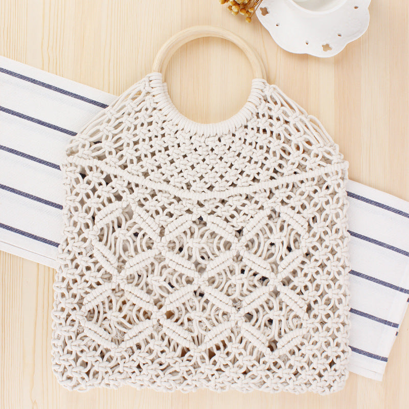 Macrame  Handbag with Wooden Ring Handle
