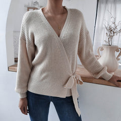 V-Neck Long Sleeve Wrap Knit Sweater with Waist Tie in 4 Colors S-XL