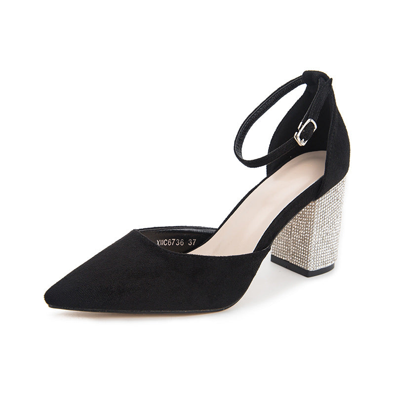 Pointed Toe Chunky High Heels with Ankle Strap in 2 Colors