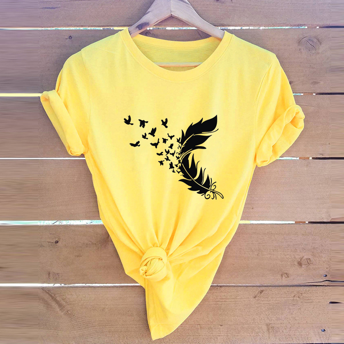 Kurzarm-Top mit Feder-Print in 12 Farben S-5XL
