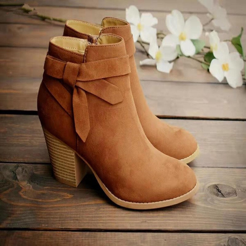 Suede Block Heel Ankle Boots with Side Zipper