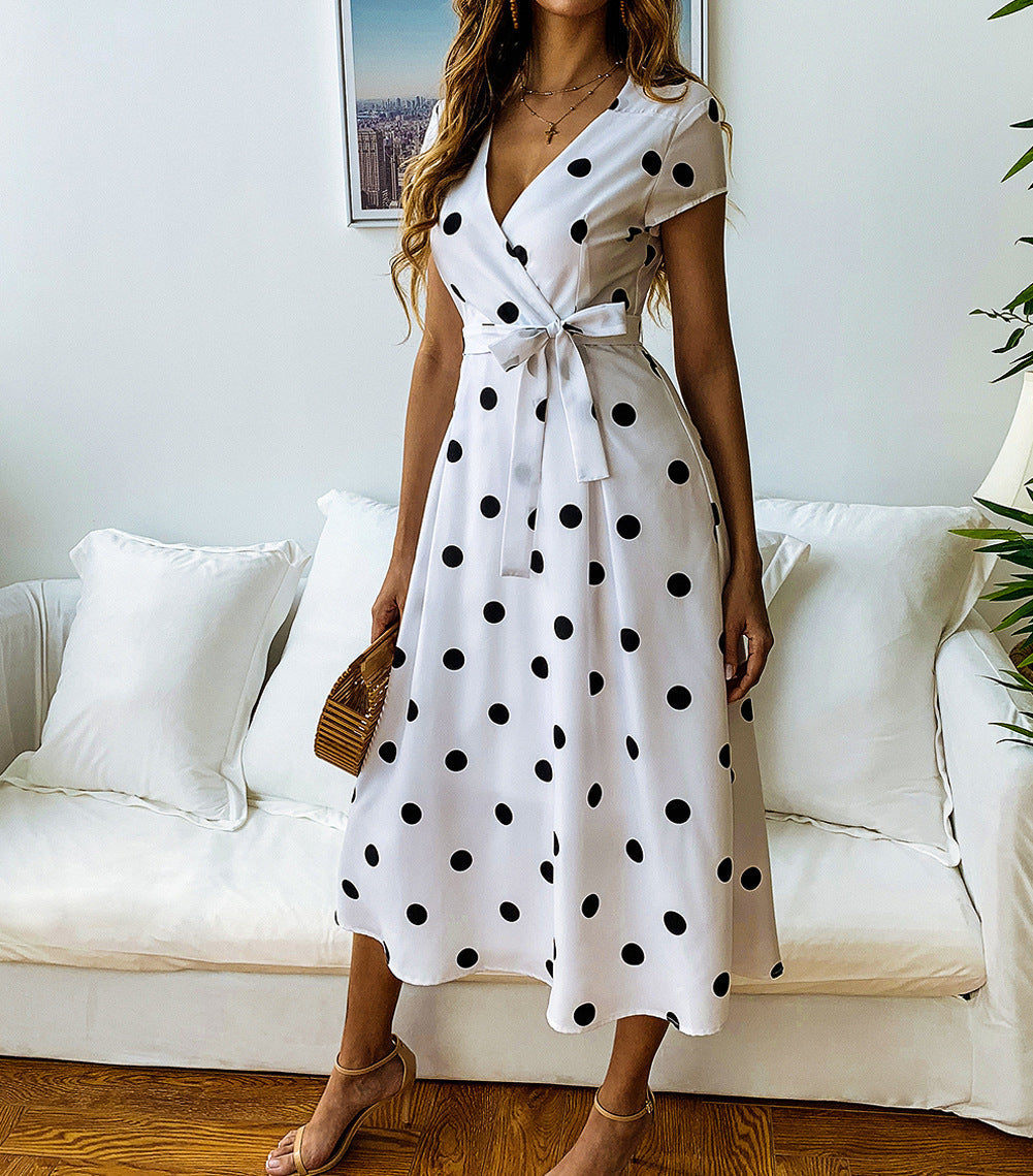 Short Sleeve V-Neck Polka Dot Dress with Waist Tie in 3 Colors S-XL