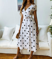 Short Sleeve V-Neck Polka Dot Dress with Waist Tie in 3 Colors S-XL