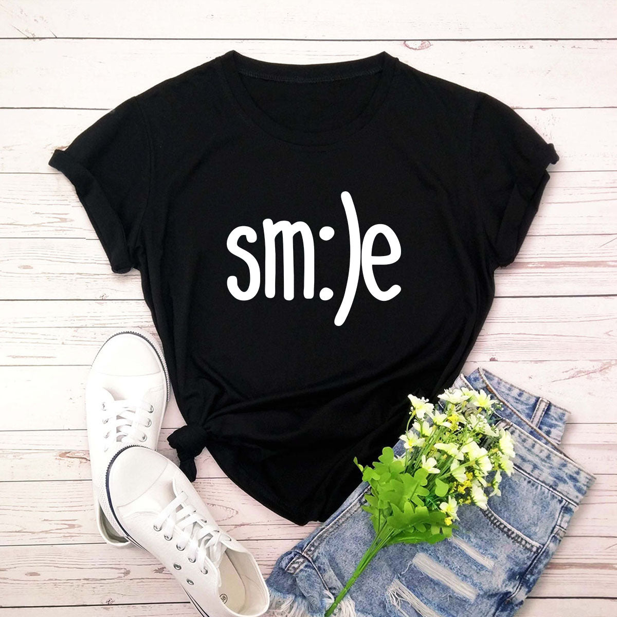 Smile Printed Short Sleeve Cotton Top in 12 Colors S-5XL