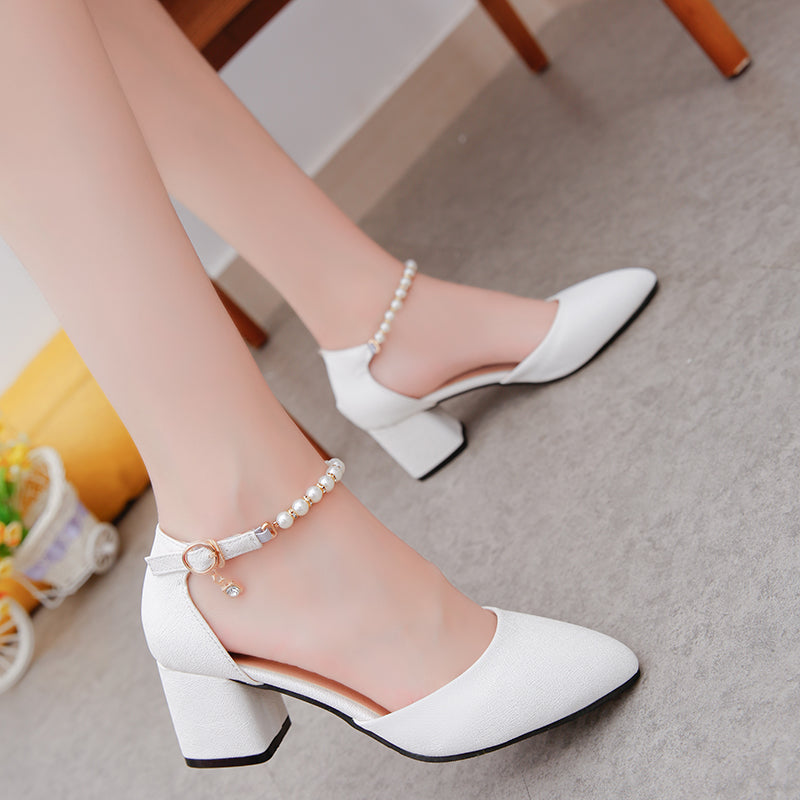 Elegant Closed Toe Heels with Beaded Ankle Strap
