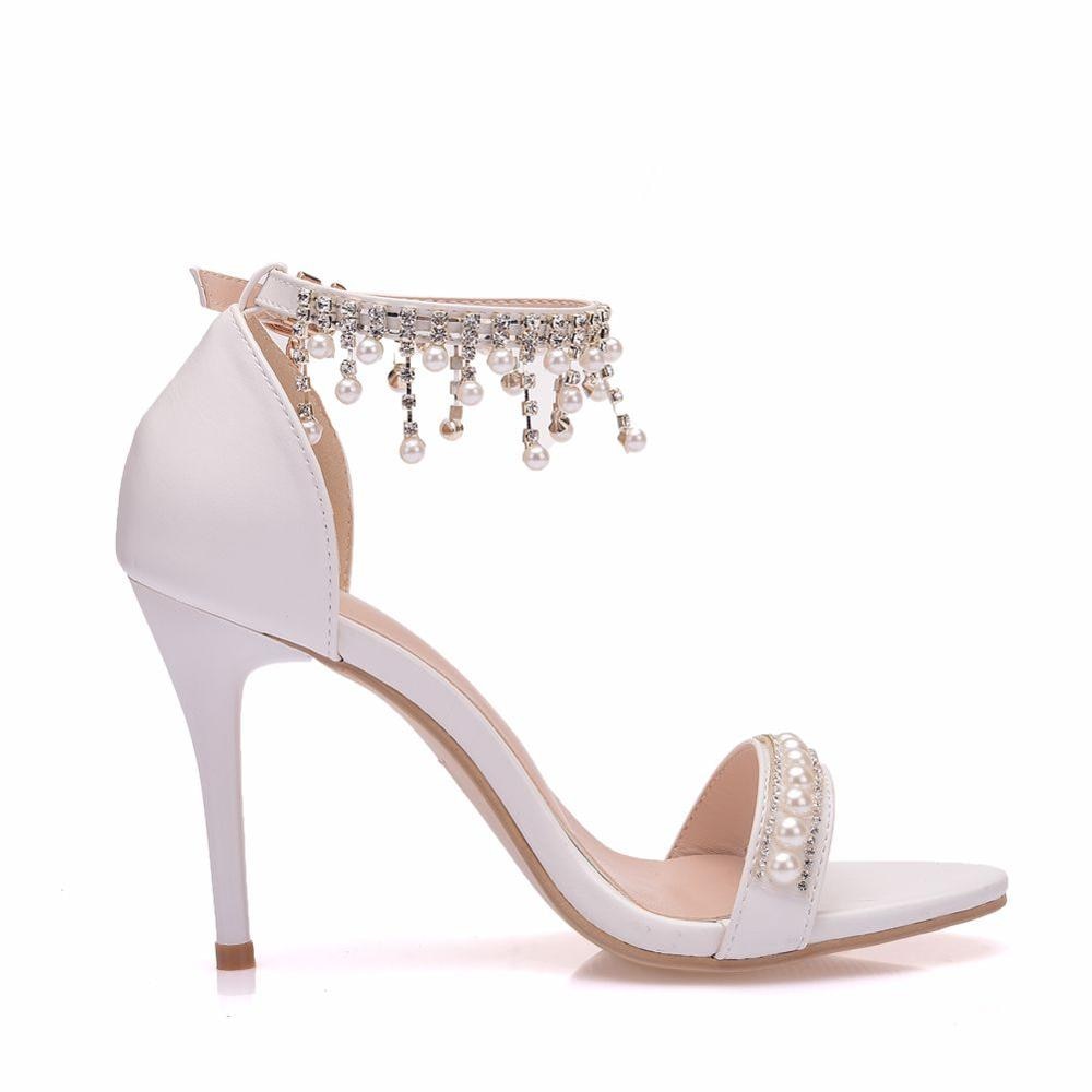 White High Heeled Stiletto Shoes with Beaded Ankle Strap