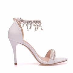 White High Heeled Stiletto Shoes with Beaded Ankle Strap